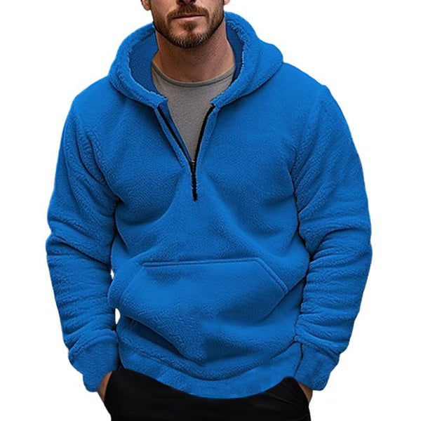 Men's Solid Color Coral Velvet Long Sleeve Kangaroo Pocket Hoodie 30023858Z