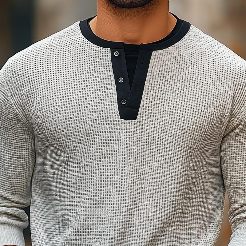 Men's Colorblock Waffle Henley Collar Long Sleeve T-shirt 58730011Z