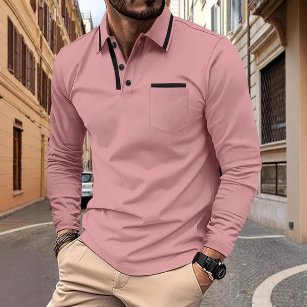 Men's Colorblock Lapel Chest Pocket Long Sleeve Polo Shirt 72686142Y