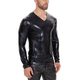 Men's Classic Casual Slim Fit Soft Patent Leather V-Neck Long Sleeve T-Shirt 82066135K