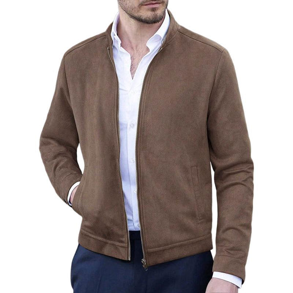 Men's Solid Suede Stand Collar Long Sleeve Zipper Jacket 85385574Z