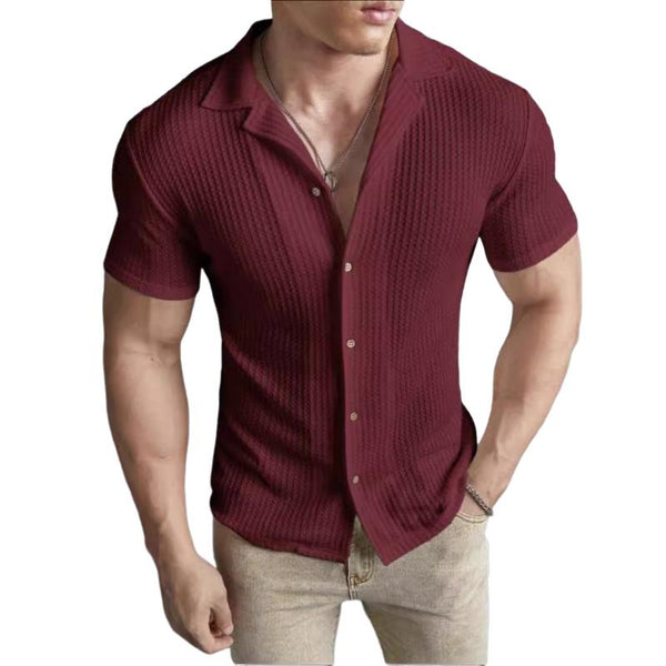Men's Casual Solid Color Waffle Short Sleeve Shirt 59203182Y
