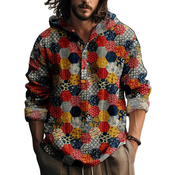 Men's Casual Printed Hooded Long-sleeved Loose Pullover Shirt 01620802M