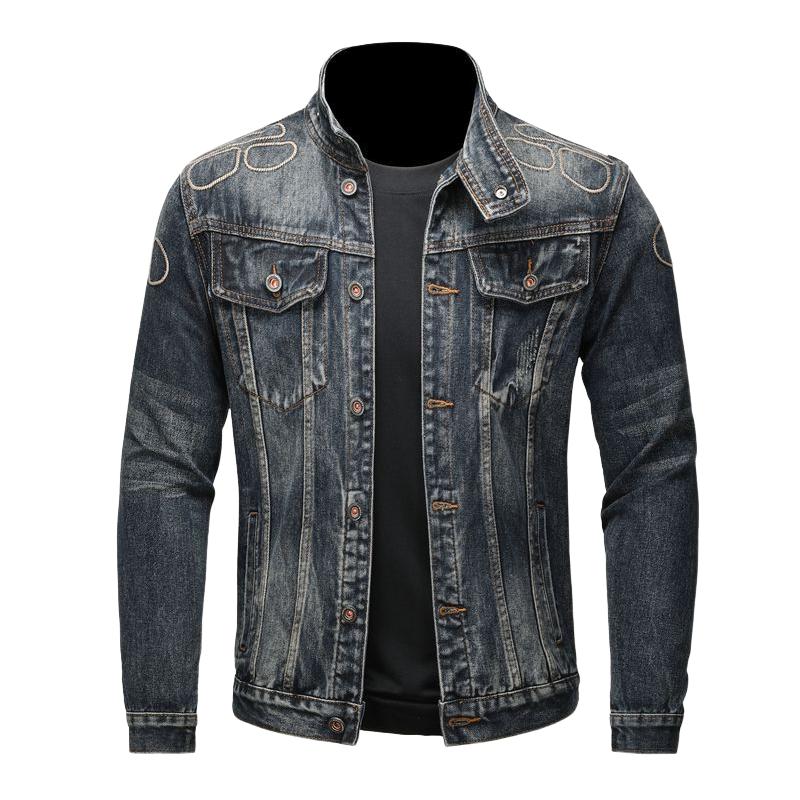 Men's Classic Stand Collar Washed Denim Jacket 16966346F