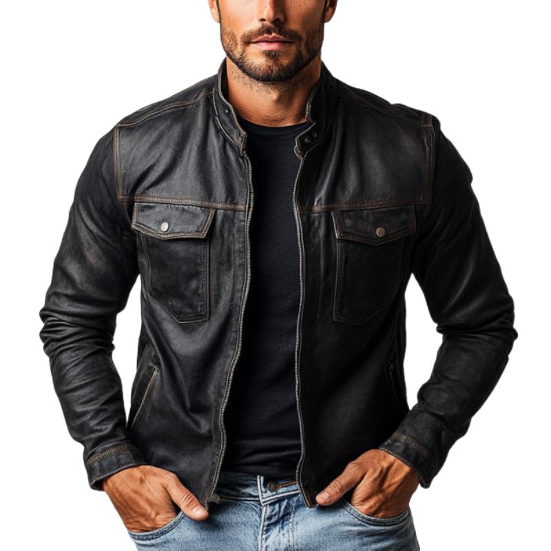 Men's Fashion Multi-Pocket Stand Collar Leather Jacket 59802630Y