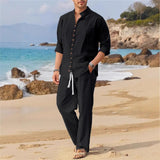 Men's Solid Color Casual Loose Long Sleeves and Long Pants Beach Two-piece Set 60645591X