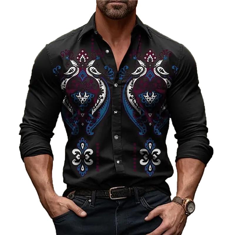 Men's Western Boy Print Lapel Long Sleeve Shirt 35664260X