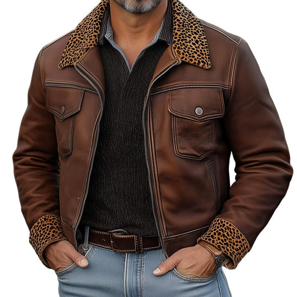 Men's Vintage Leather Leopard Fleece Lapel Chest Pocket Zipper Jacket 82983660Z