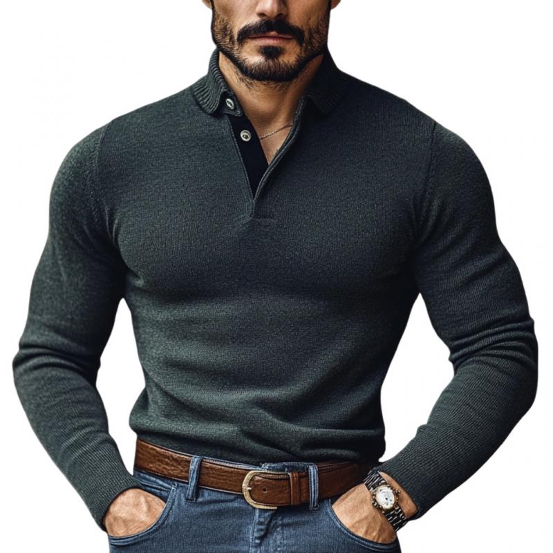 Men's Casual Solid Color Lapel Slim Fit Knit Polo Sweater 88174659M