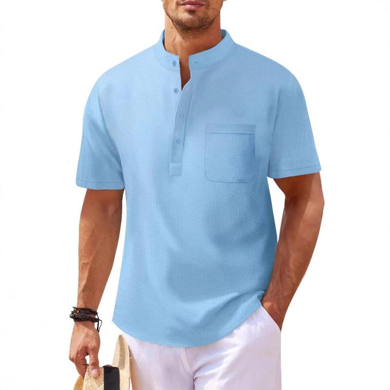 Men's Stand Collar Waffle Short Sleeve Shirt 94859939Y