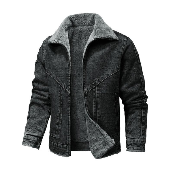 Men's Casual Fleece Warm Patchwork Lapel Single-breasted Denim Jacket 80970820M