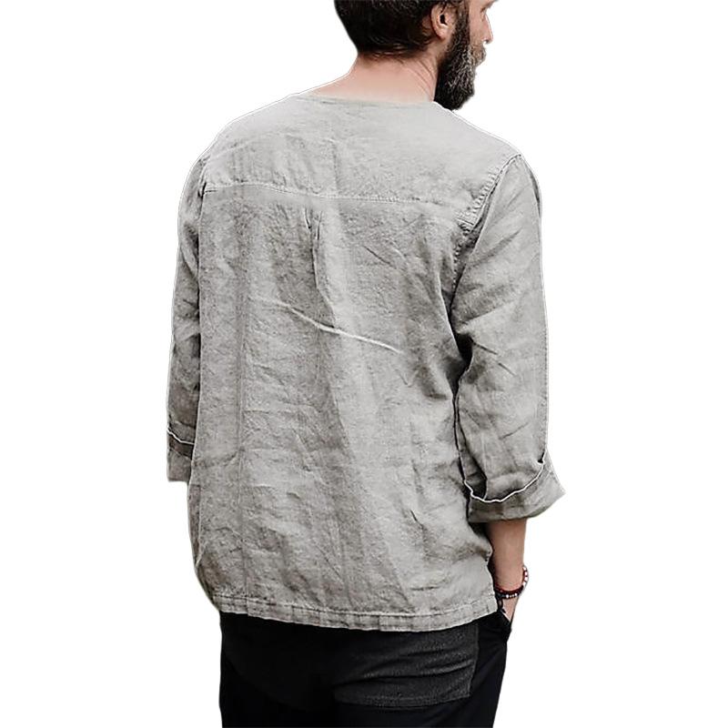 Men's Classic Casual Drawstring Cotton And Linen Stand Collar Long Sleeve Shirt 26791234K