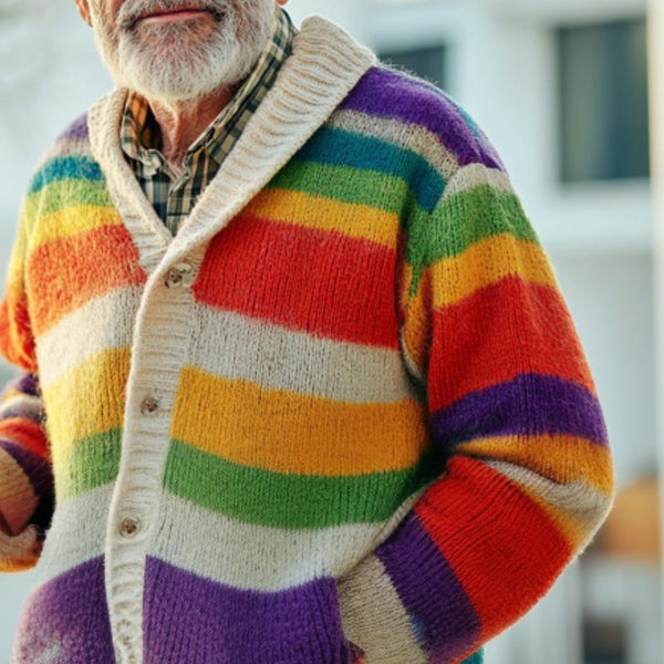 Men's Vintage Colorful Striped Lapel Knitted Cardigan 40984869Y