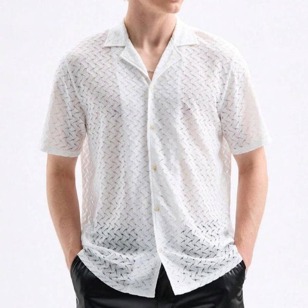 Men's Fashion Hollow Out Solid Color Lapel Short Sleeve Casual Shirt 70085181Z