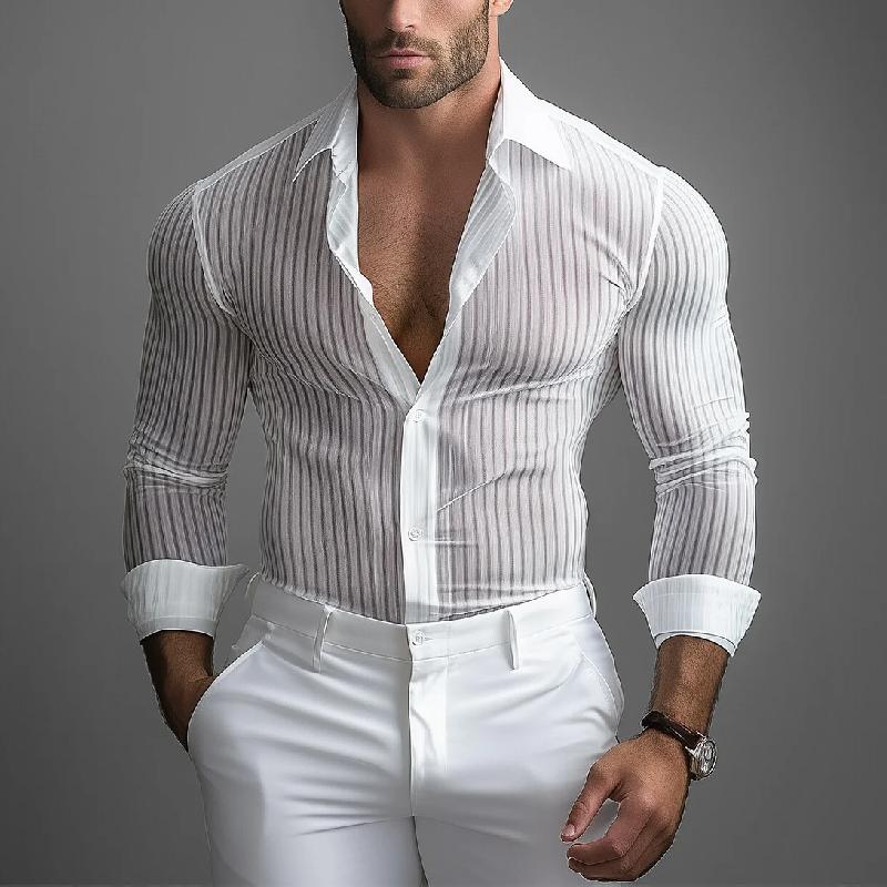 Men's Fashion Transparent Stripe Lapel Slim Fit Long Sleeve Shirt 36458542Y