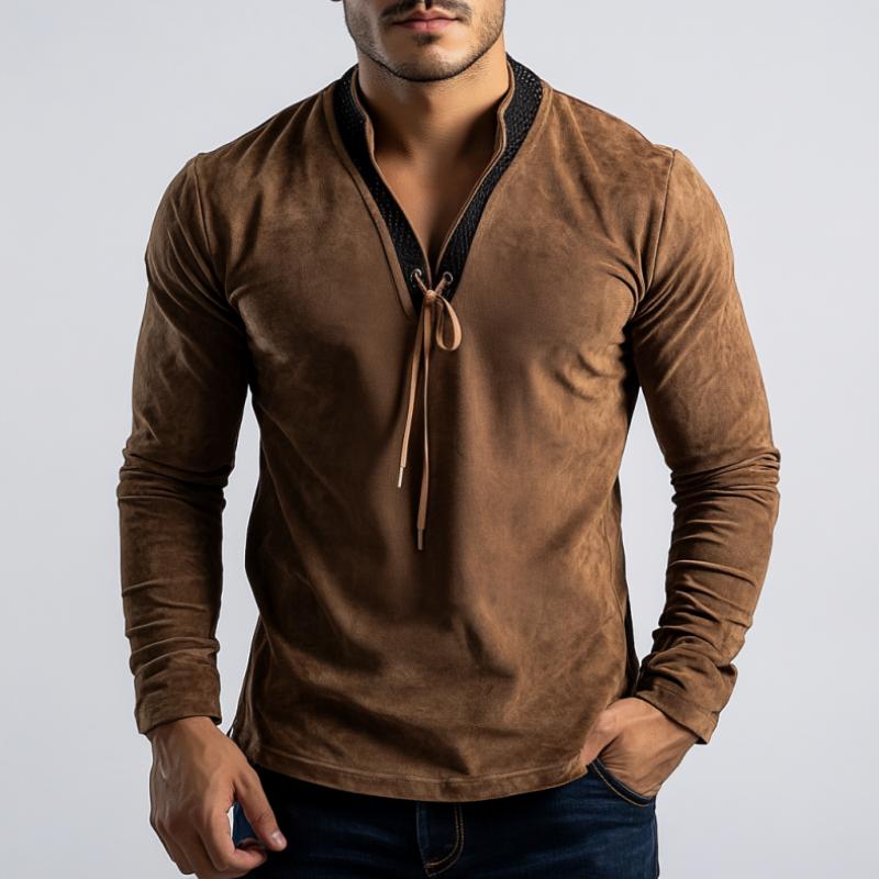 Men's  Casual Stitching Leather Stand Collar Drawstring Suede Long Sleeve POLO Shirt 28379888K