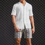 Men's Casual Solid Color Cuban Collar Hollow Short Sleeve Shirt 37089600Y