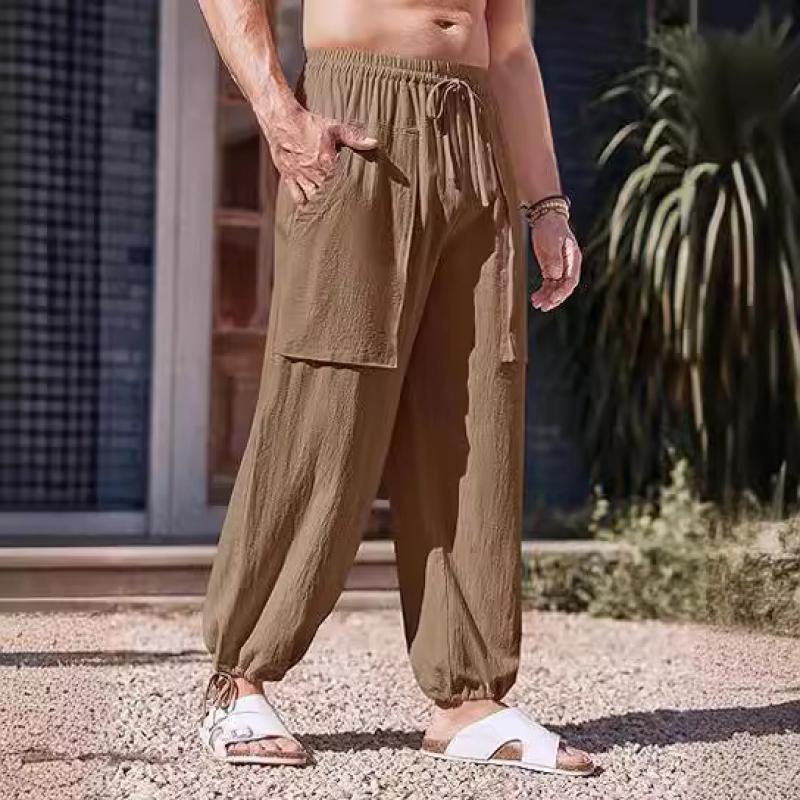 Men's Casual Cotton and Linen Loose Elastic Waist Beach Pants 12874430M
