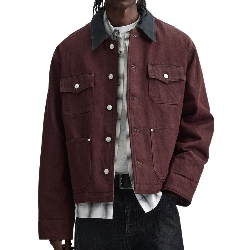 Men's Stylish Burgundy Lapel Canvas Jacket 56577961F