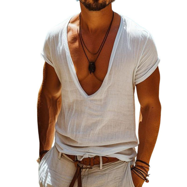 Men's Cotton And Linen Solid Color Deep V-Neck Short-Sleeved T-Shirt 60784889Y