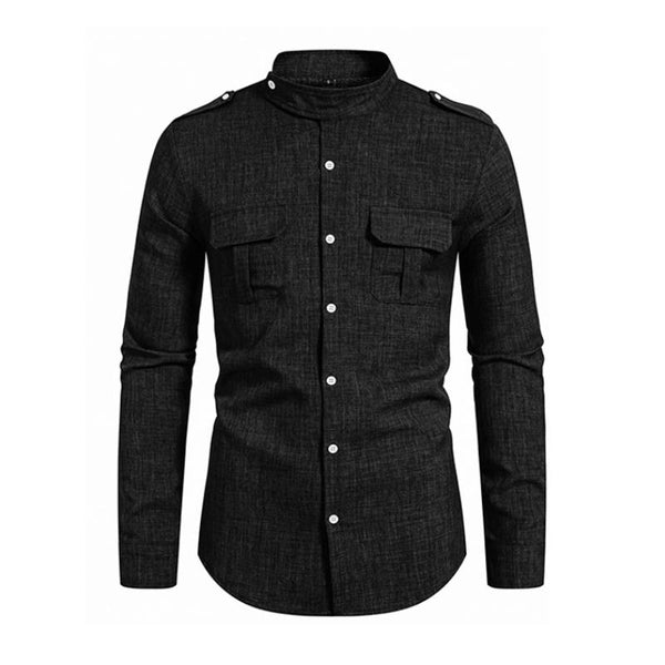 Men's Casual Stand Collar Flap Pocket Slim Fit Long Sleeve Shirt 14835389M