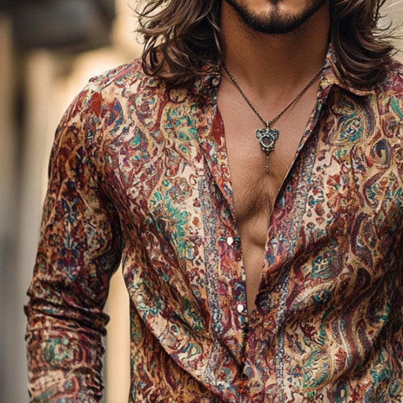 Men's Retro Casual Print Lapel Long Sleeve Shirt 44279116TO