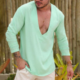 Men's Solid Color V Neck Long Sleeve T-shirt 37942877Z