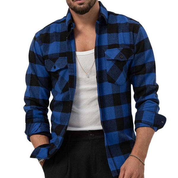 Men's Retro Casual Plaid Pocket Lapel Long Sleeve Shirt 62039387TO