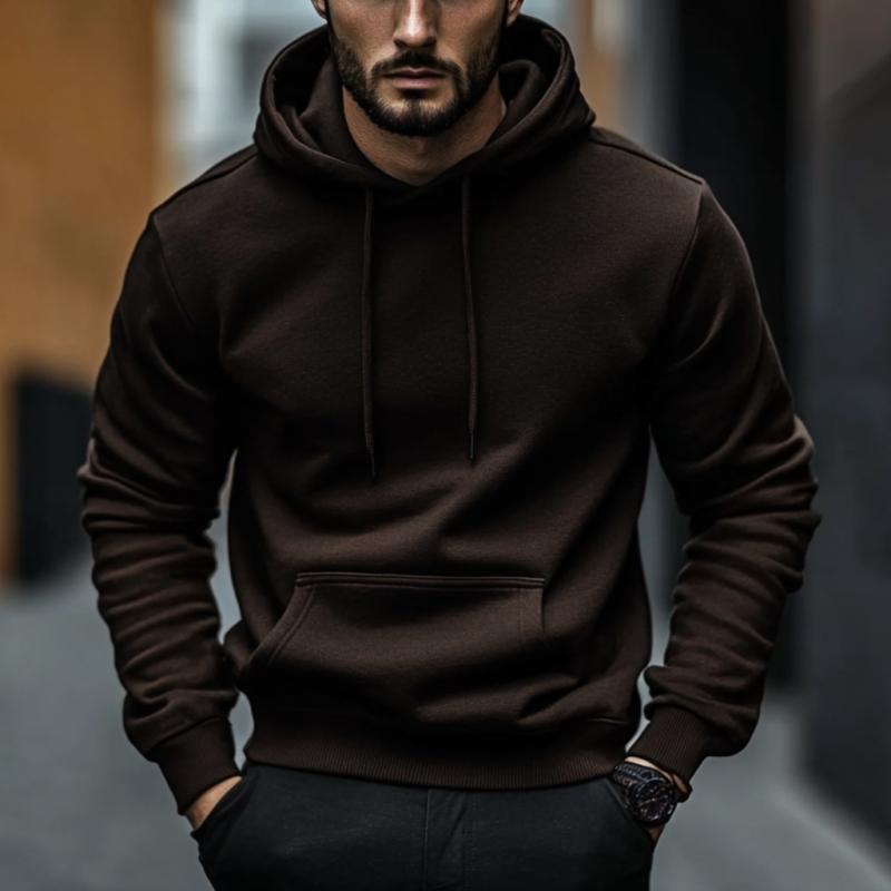 Men's Vintage Solid Color Cotton Loose Kangaroo Pocket Hoodie 39471396M