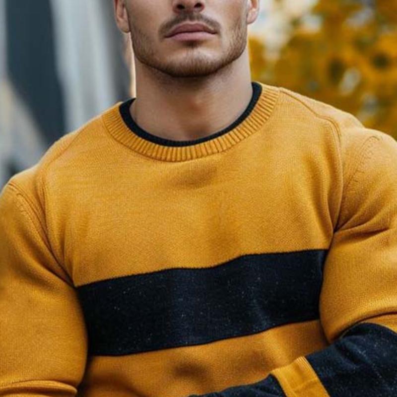 Men's Classic Casual Round Neck Pullover Contrast Color Long Sleeve Sweater 34985535K