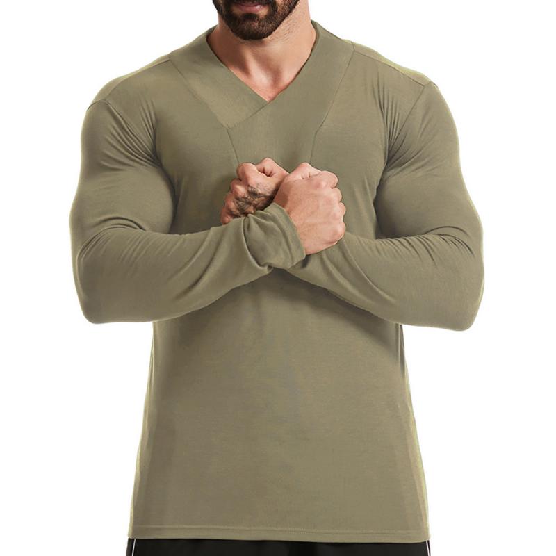 Men's Casual Solid Color V Neck Slim Long Sleeve T-Shirt 51296830M