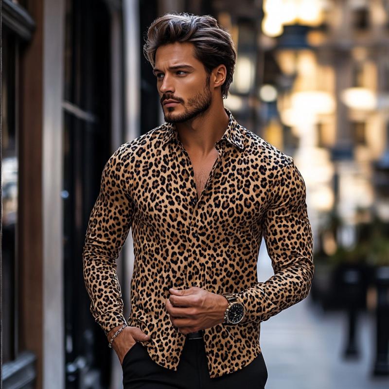 Men's Casual Fashionable Printed Leopard Slim Fit Long Sleeve Shirt 89994446K