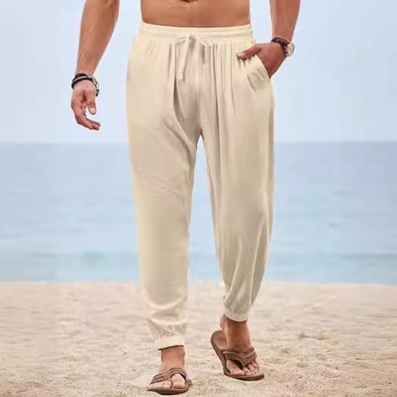 Men's Casual Cotton Linen Breathable Loose Drawstring Beach Pants 23689044M