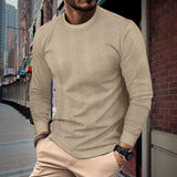 Men's Casual Solid Color Round Neck Jacquard Long Sleeve T-Shirt 58472549M