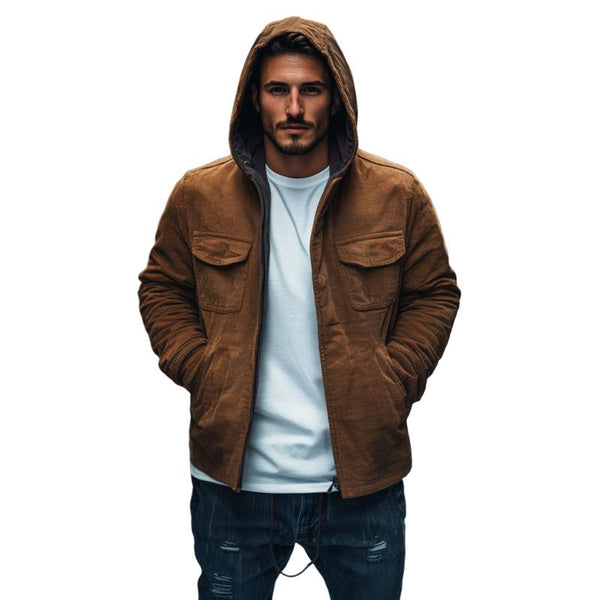 Men's Casual Outdoor Corduroy Zipper Loose Hooded Coat 86273619M