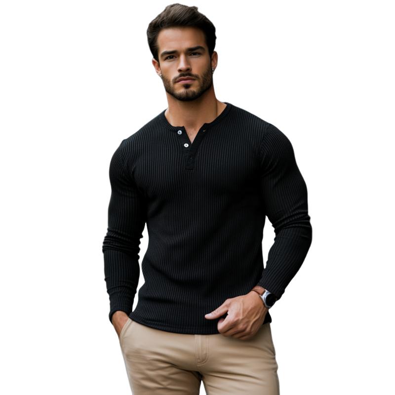 【Spedizione in 24 ore】T-shirt a maniche lunghe slim fit con colletto Henley a righe a coste da uomo 68992413M