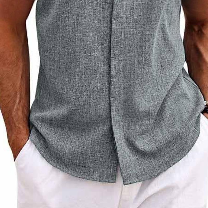 【Expédition 24 heures】Chemise sans manches en coton et lin à revers de couleur unie pour hommes 33989351TO