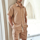 Men's Solid Color Textured Lapel Short Sleeve Shirt Shorts Casual Set 80118777Z