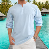 Men's Retro Casual Solid Color Small V Neck Long Sleeve T-shirt 53094656TO