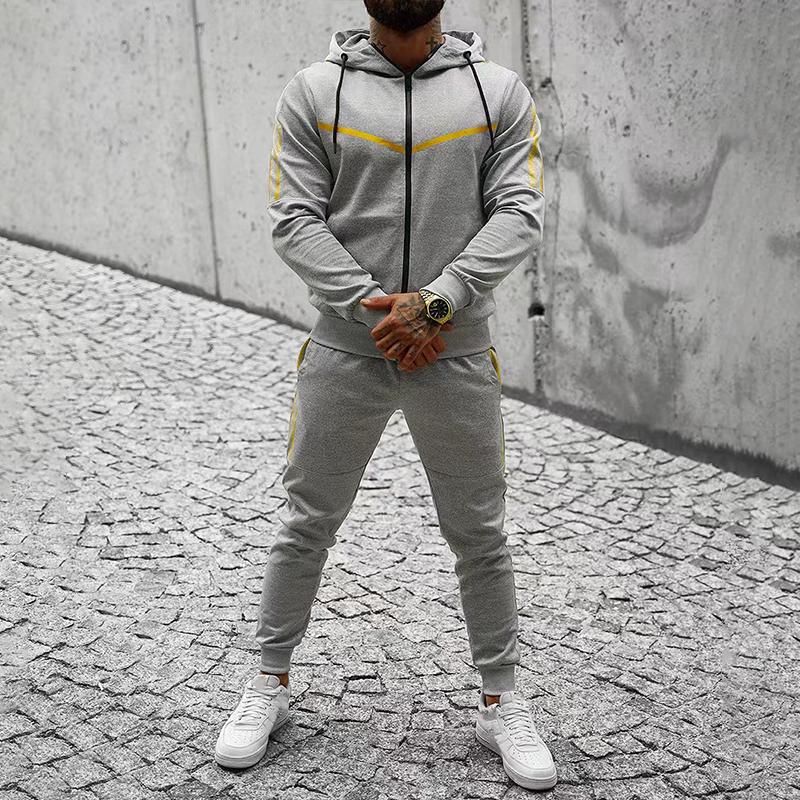 Men's Striped Colorblock Hooded Jacket And Trousers Sports Casual Set 57103102Z
