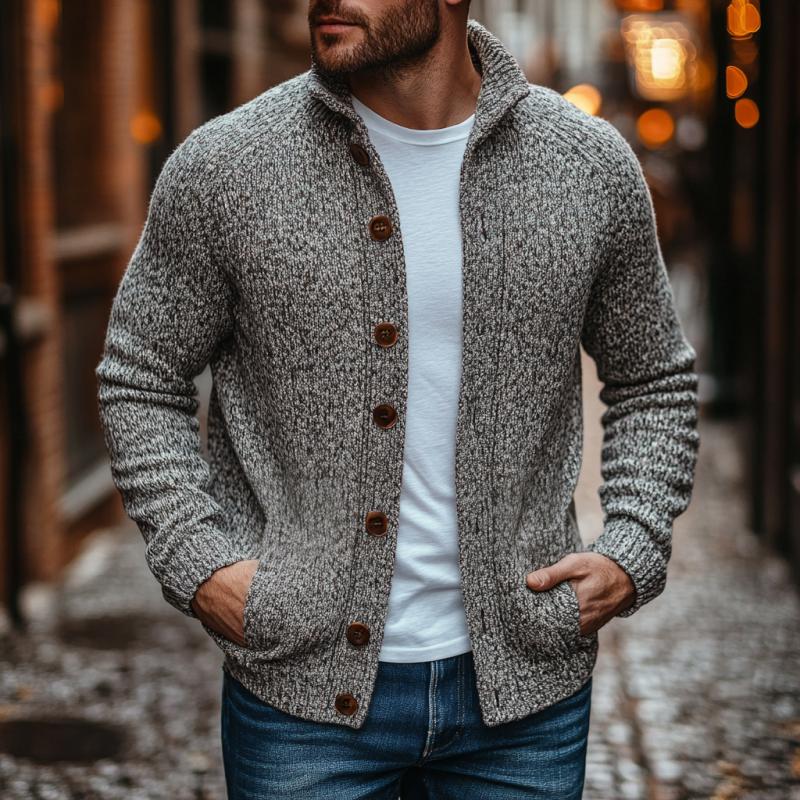 Men's Casual Stand Collar Single Breasted Loose Knitted Cardigan 84043534M