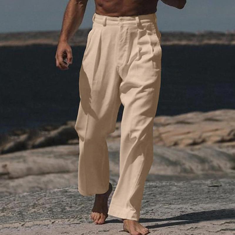 Men's Solid Color Linen Straight Casual Pants 68911638Z