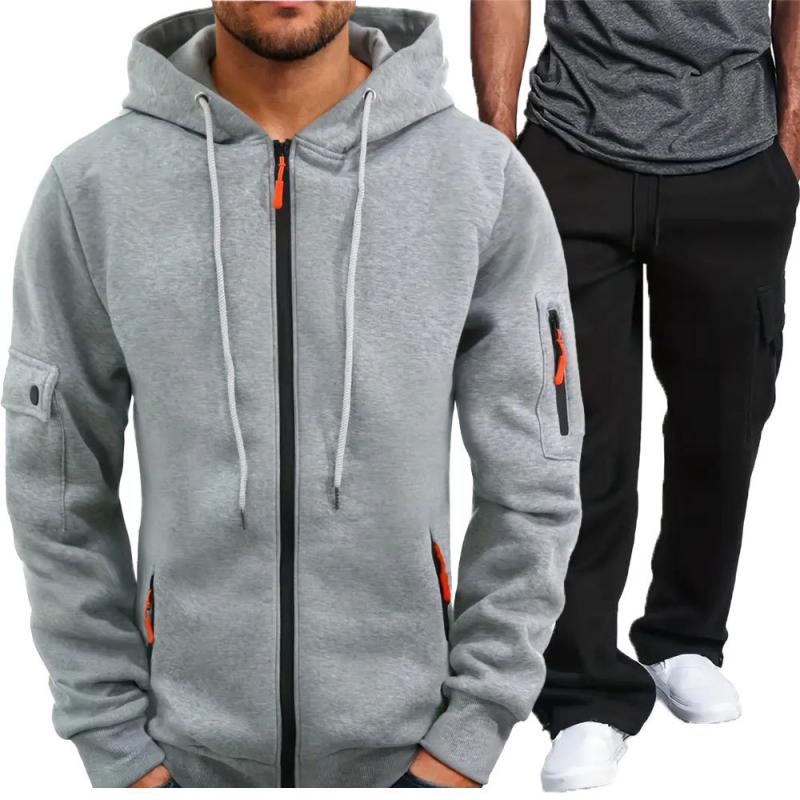 Men's Casual Multi-Pocket Hooded Jacket Sweatpants Set 48048315Y