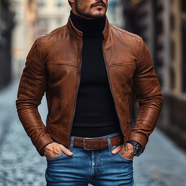 Men's Vintage Leather Stand Collar Zip-Up Slim Fit Jacket 79192790M