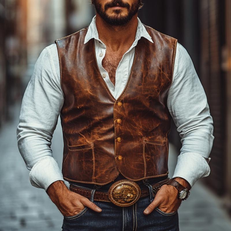 Men's Vintage Leather V-Neck Single Breasted Slim Fit Vest 60526450M