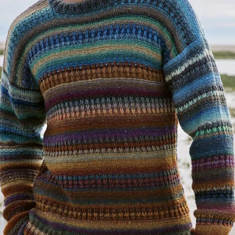 Men's Casual Colorful Striped Crew Neck Sweater 65365644F