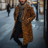 Men's Classic Lapel Long Knee-length Leopard Print Wool Coat 27488188F