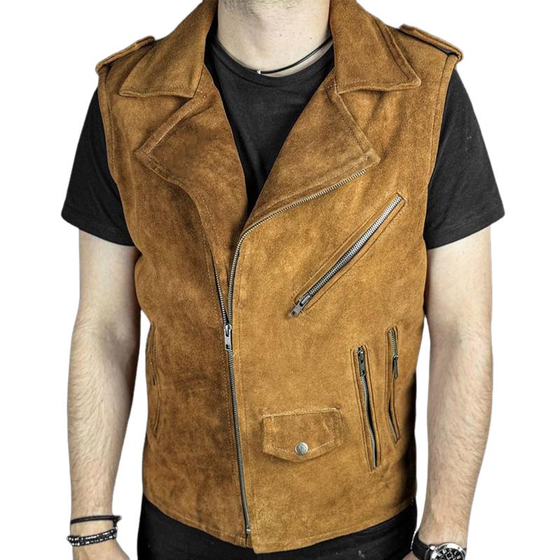 Men's Vintage Suede Notched Lapel Zipper Vest 74333332U