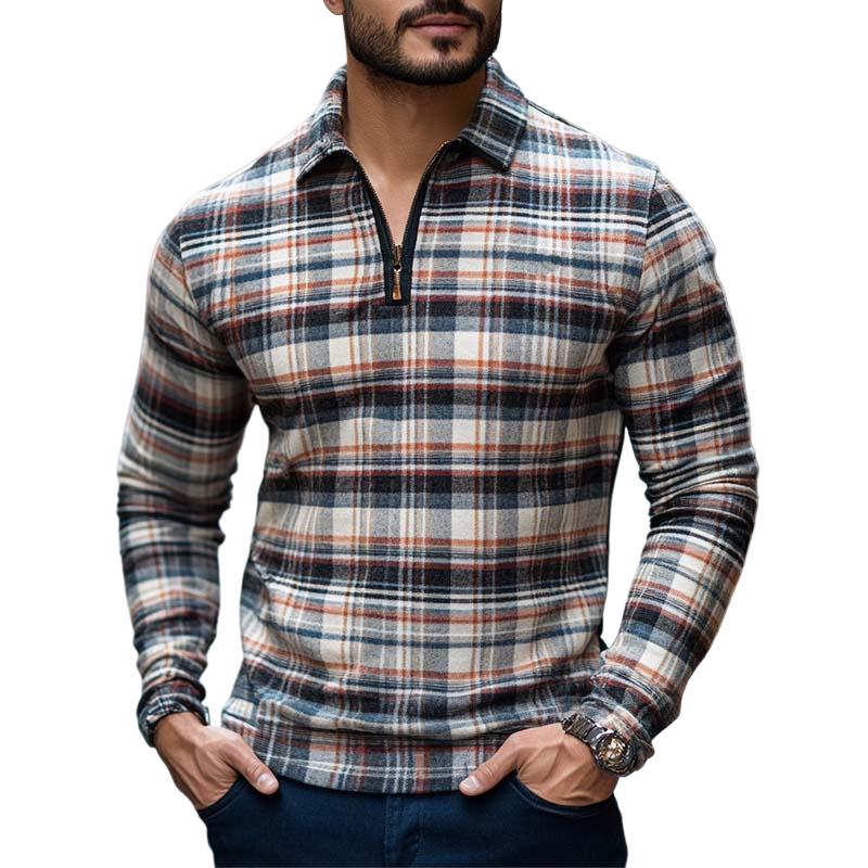 Men's Classic Casual Slim Fit Plaid Lapel Zipper Long Sleeve POLO Shirt 52593963K