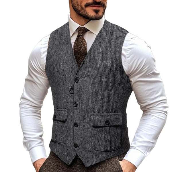 Men's Vintage Herringbone Pocket V-Neck Single Breasted Suit Vest 22210914Y